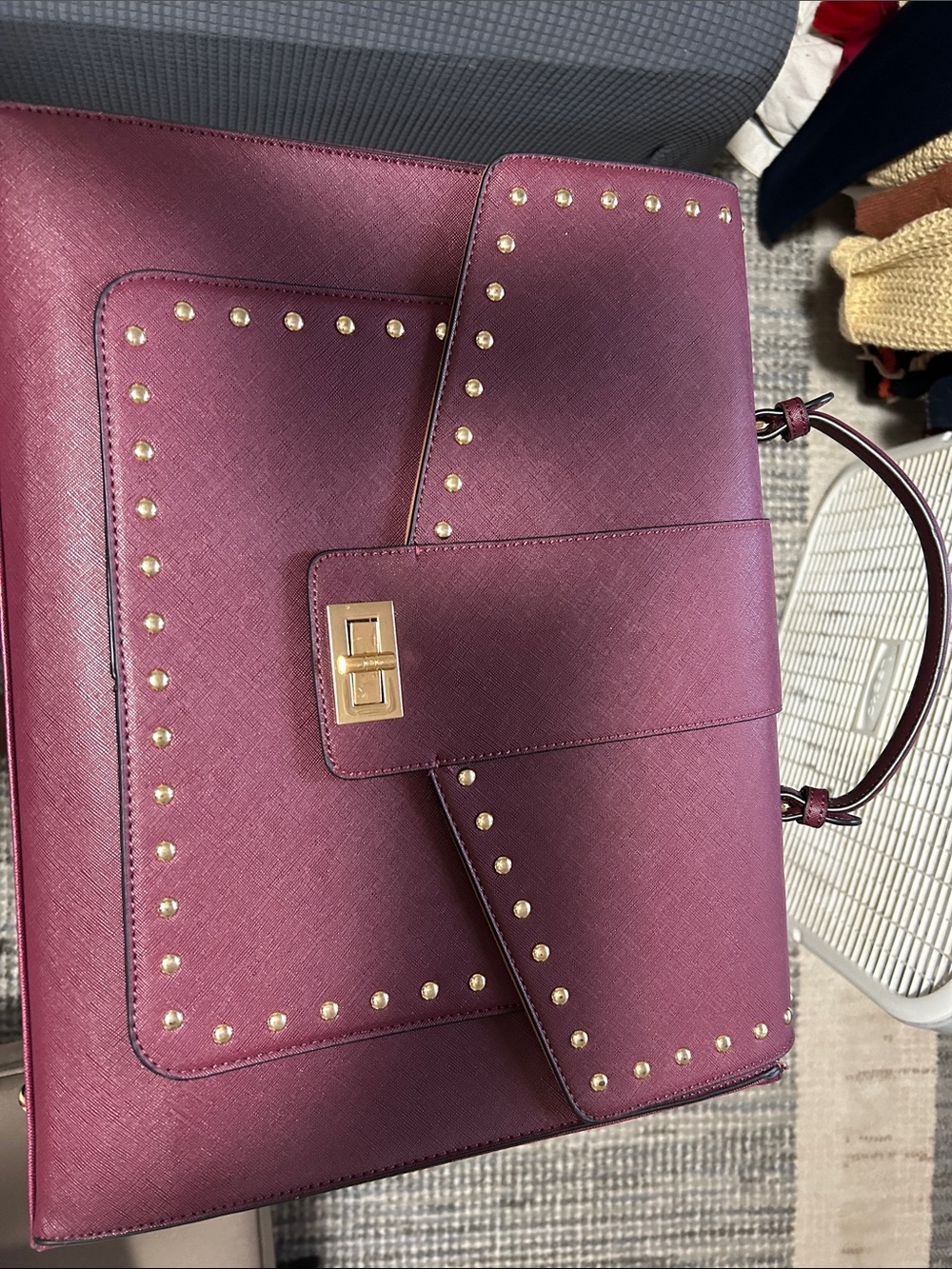 Stud-Trim Structured Satchel in Burgundy